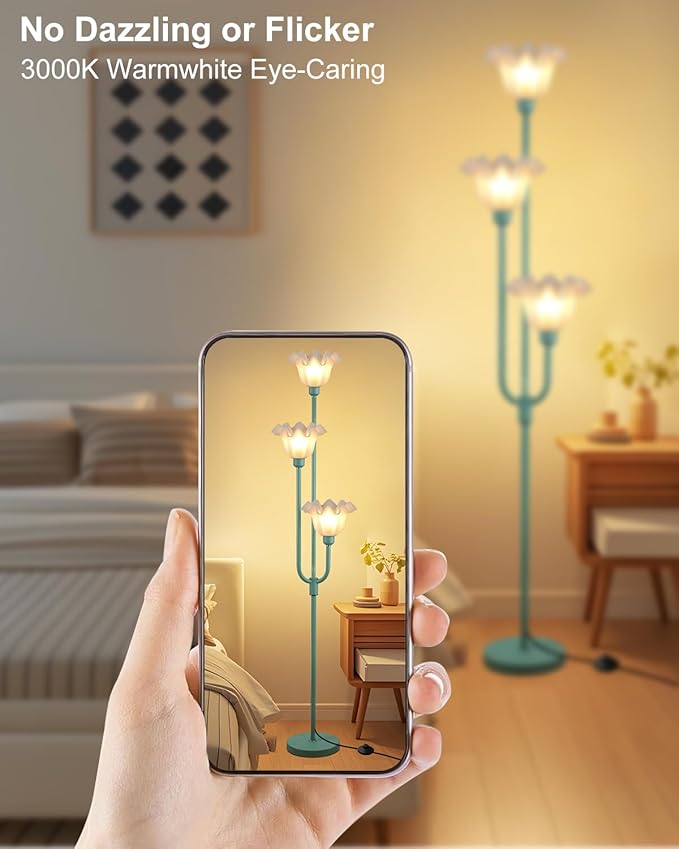 Lightdot Flower Floor Lamp 3-Lights Rustic Floor Lamps with 3000K Warm White Bulbs for Wedding Party Modern Tall Standing Lamp for Living Room/Bedroom-Grey Green