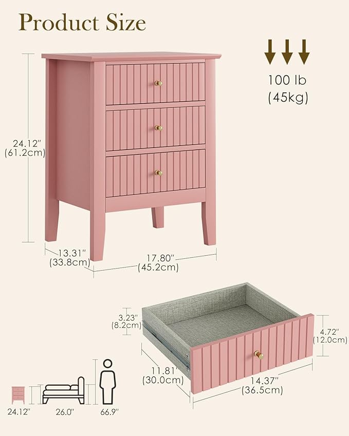 Fluted Nightstand, Farmhouse Night Stand with 3 Drawers, Mid Century Modern Side Accent Table,Bedside End Table for Bedroom, Living Room, Pink