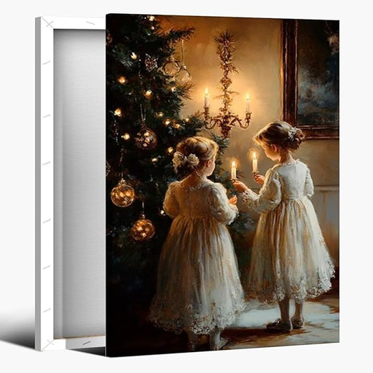 Vintage christmas wall art christmas tree wishing girl canvas poster winter room holiday decoration for farmhouse cabin living room bedroom Framed12x18inch