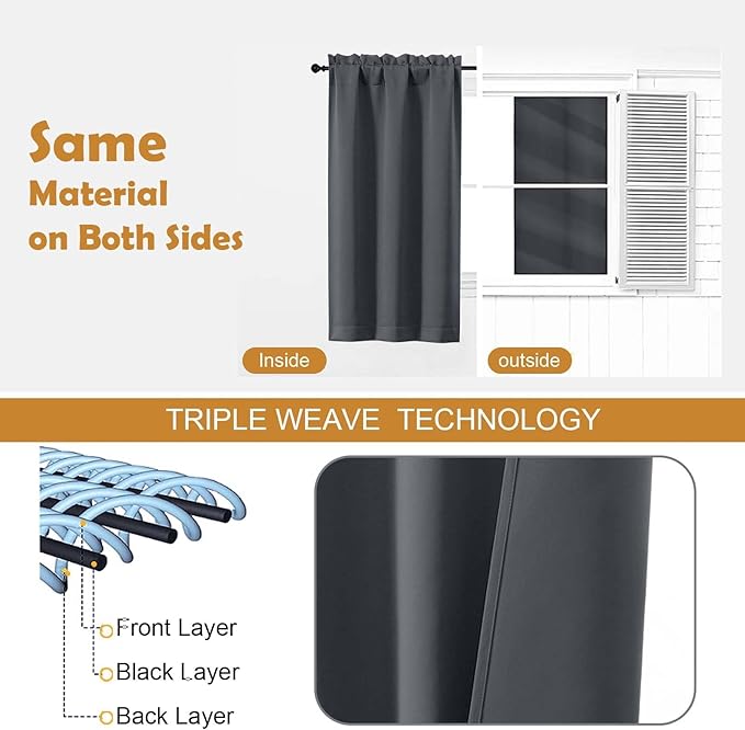 Aiyufeng Grey Short 36 Inches Blackout Curtain 2 Panels Set, Half Window Rod Pocket Privacy Tiers for Kitchen, Curtains Blackout for Bathroom Shades, W40 x L36 Inch, Grey