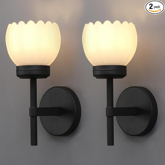 Yosoan Brass Boho Indoor Vintage Wall Sconce Set of 2, Modern Vanity Finished Industrial Hardwired Wall Mounted with Milk Transparent Tulip Flower Shade for Living Room Bedroom Kitchen Hallway(Black)