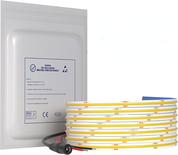 12V Flexible COB LED Strip Light Tape 3000K Warm White Color, 480LEDs/m 16.4FT/5M CRI>90, High Bright Ribbon Light for House Kitchen Room Ceiling Decor (DC12V, Wihtout Power Supply)