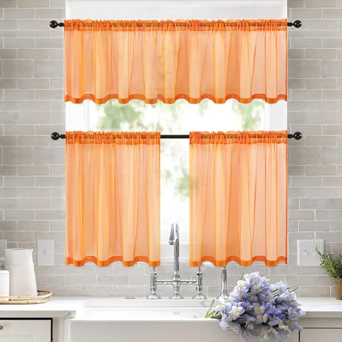 MIULEE 2 Panels Fall Kitchen Tiers Half Window Sheer Curtains-Rod Pocket Voile Drapes for Kitchen Bathroom-Small Windows 29 by 24 Inch Orange