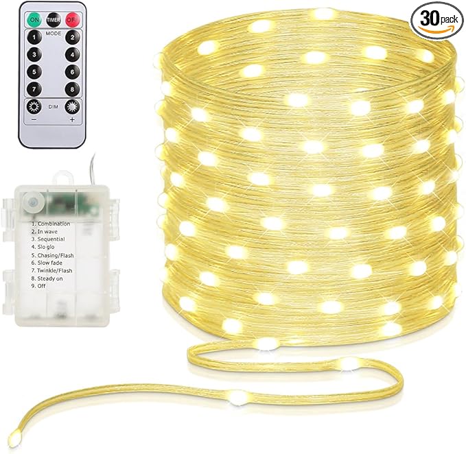 Battery Operated String Lights, 33ft 100 LED Fairy String Lights Battery Powered w/Remote & Timer for Indoor Outdoor Christmas Trees Wreath Decoration Bedroom Patio - Warm White