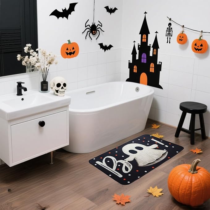 Halloween Kitchen Rugs and Mats Set of 2, Scary Halloween Decor Ghost and Pumpkin Kitchen Mats, Home Decor Non-Slip Washable Kitchen Rugs for Floor Indoor Bathroom, 17"x27+17"x47"