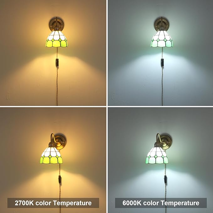 Plug in Wall Sconces Set of 2, Vintage Wall Lamps with Green White Checker Stained Glass Shade, Brass Lights Fixture Decor for Bedroom Bathroom Living Room Hallway