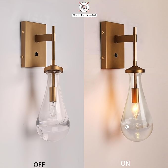 HuisMier Raindrop Wall Sconces, Brushed Brass Glass Wall Sconce with On Off Switch, Modern Wall Light Fixtures Bathroom Wall Lamp for Bedroom Living Room Vanity Hallway
