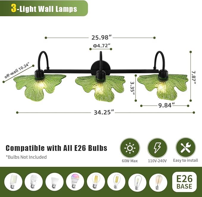 Bathroom Vanity Lights Over Mirror, 3 Light Mirror black Wall sconces with Green Glass Shade Bathroom Sconce Vintage Wall Lighting Fixture mid Century Wall Sconce Light for Bedside Bedroom Doorway