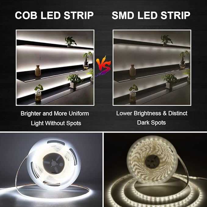 8mm 3000K Warm White COB LED Strip 24V DC Light Tape 480LEDs/m 16.4FT RA>90 High Lumen for House Kitchen Room House Ceiling Dedroom Decorative Lighting (DC24V, Without Power Supply)