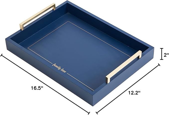 Decorative Coffee Table Ottoman Trays Modern Wood Elegant 16"x12" Rectangle Glossy Shagreen Serving Trays with Champagne Gold Handles -Drinks, Liquor Serving Platter for All Occasion's(Blue)