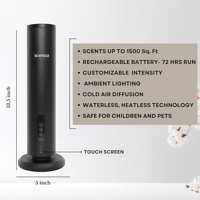 Scentia Max Wireless Diffuser for Home – Rechargeable Battery-Operated Waterless Scent Diffuser |Covers 1500 Sq Ft | Cold-Air Technology | Black | Hotel-Inspired Oils Included