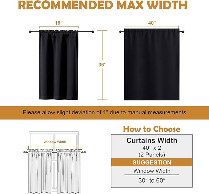 Aiyufeng Halloween Black Short 36 Inches Blackout Curtain 2 Panels Set, Half Window Rod Pocket Privacy Curtain Tiers for Kitchen, Curtains Blackout for Bathroom Shades, W40 x L36 Inch, Black