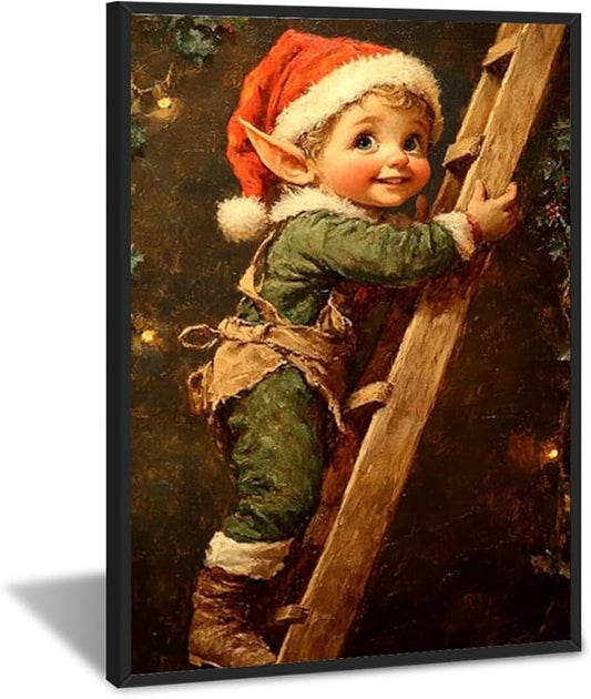 Medpol Vintage christmas wall art christmas elf painting winter cottagecore canvas poster for farmhouse home decor apartment dormitory black framed16x24inch
