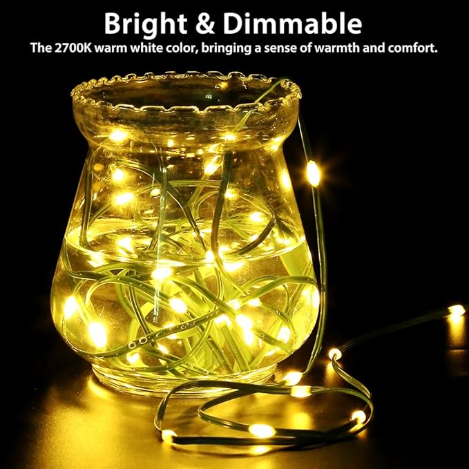 33ft Battery Operated String Lights, 100 LED Fairy String Lights Battery Powered w/Remote & Timer for Indoor Outdoor Christmas Trees Wreath Decoration Bedroom Patio - Warm White