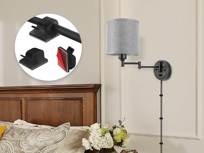 Plug in Wall Sconces with Remote Control, Dimming 10%-100% & Adjustable Colors 2700K-6500K, Hardwire or Plug-in, Swing Arm Wall Lamp with Gray Fabric Shade, Wall Sconces Set of Two, Black Finish