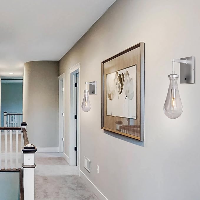 HuisMier Nickel Wall Sconces, Modern Raindrop Wall Sconce with On Off Switch, Clear Glass Wall Mounted Lamp Indoor Vanity Light Fixtures for Bathroom Bedroom Hallway Living Room, Hardwired
