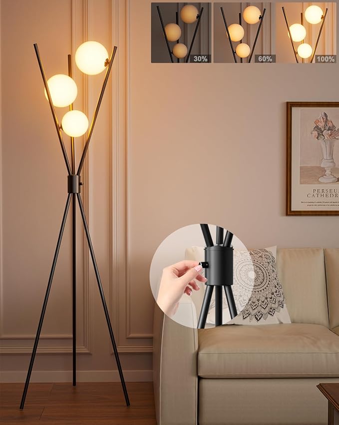 Lightdot 60IN Dimmable Black Tripod Floor Lamp Mid Century Standing Lamps with 3Pcs 3000K G9 Bulbs Globe Eye Care&Stable Base Modern Tall Lamp for Living Room Bedroom Office