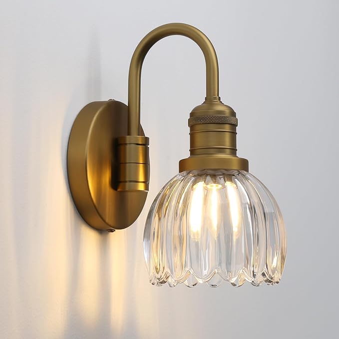Yosoan Boho Aged Brass Gold Vintage Bathroom Wall Sconce with Flower Shade, 1-Light Indoor Vanity Industrial Hardwired Wall Mounted with Transparent Tulip Shade for Living Room Bedroom(Antique)