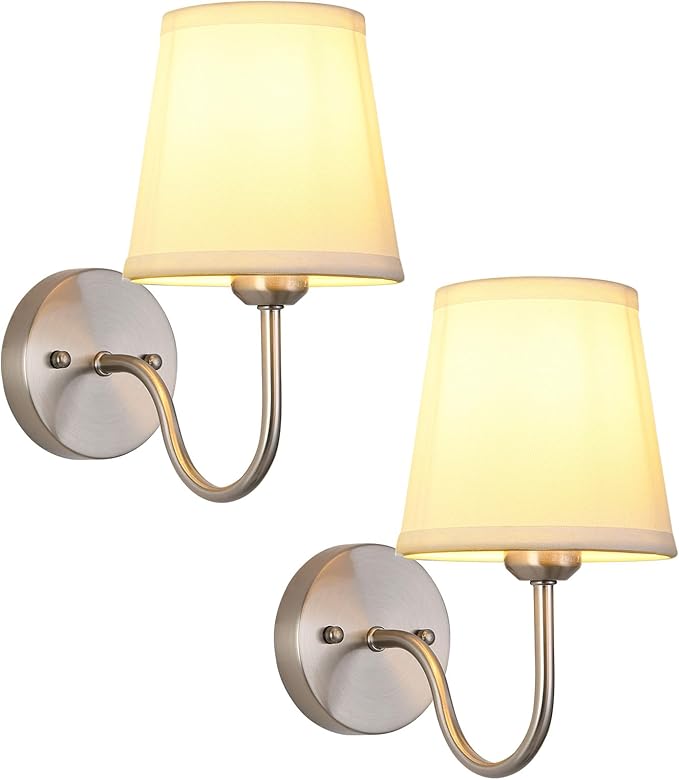 Wall Sconce Set of 2, Brushed Nickel Bathroom Vanity Sconces Wall Lighting, Indoor Wall Lights with Light Beige Fabric Shades, Wall Mounted Lamps for Bedroom Living Room Hallway
