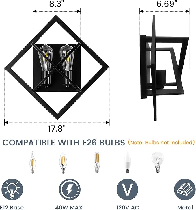 Farmhouse Wall Sconce with Black Finish,Set of 2 Rustic Wall Sconces Indoor Wall Light Fixtures 17.8in for Stairway, Living Room, Bedroom, Bathroom (2 Light,E26 Base, No Bulbs)