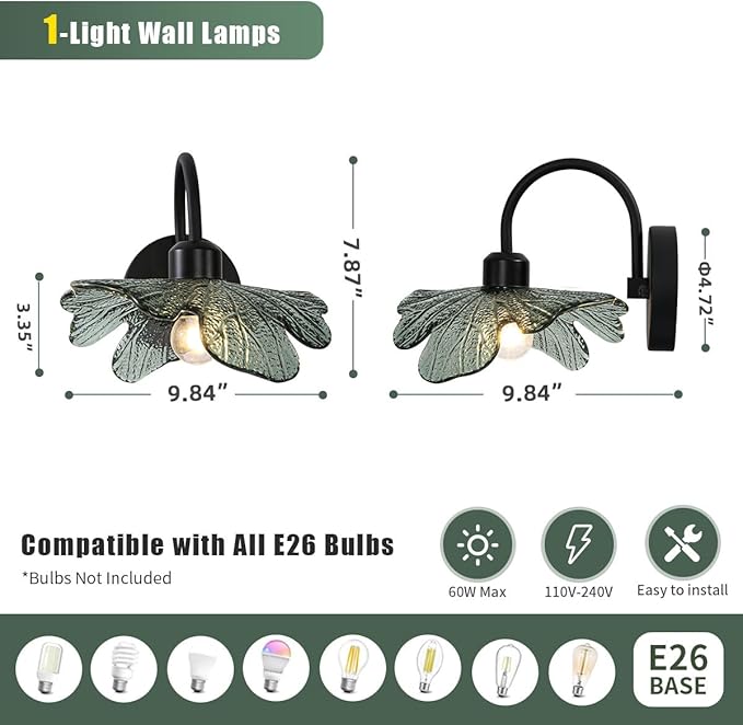 Black Bathroom Vanity Light Vintage Wall Sconce Hand Blown 1-Light Wall lamp Indoor Wall Light with Dark Green Glass Shade Black Vanity Light Over Mirror for Bedroom Hallway Living Room