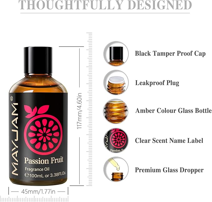 MAYJAM 100ML/3.38FL.OZ Passion Fruit Fragrance Oils with Glass Dropper, Essential Oils for Diffusers for Home, Long Lasting Scented Oils for Diffusers Soap Candle Making