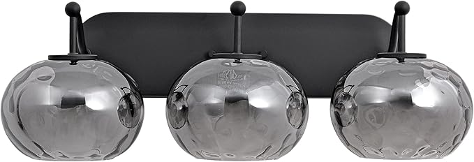 23" Matte Black Vanity Light Smoked Hammered Glass Wall Sconce 3-Light Grey Lampshade Wall Lamp for Hallway Living Room Stairwell Bathroom Over Mirror