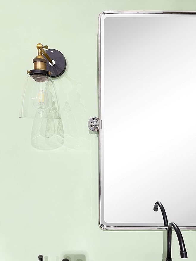 TEHOME Chrome Pivot Rectangle Bathroom Vanity Mirrror Farmhouse Tiltable Rounded Metal Framed Pivoting Bathroom Mirror with Beveled Mirrror, Overall 26.91 x 35 inches (Mirrror 23 x 35 inches)