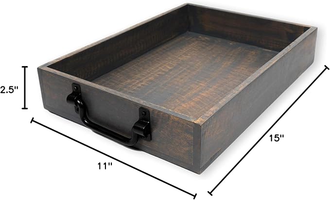 GoCraft Handmade Wooden Tray with Metal Handles – 15" x 11" x 2.5" Decorative Serving Tray in Grey Washed Finish – Versatile Tray for Breakfast in Bed, Lunch, Dinner, Appetizers, Coffee Table
