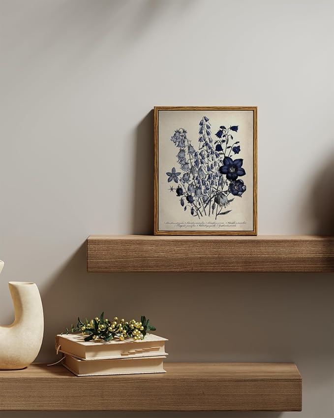 VIYYIEA Vintage Framed Botanical Wall Art Decor, Living Room Bedroom Blue Campanula Pictures Retro Wall Decor, Framed Canvas Prints Artwork, Farmhouse Flower Paintings,8x10 Inch