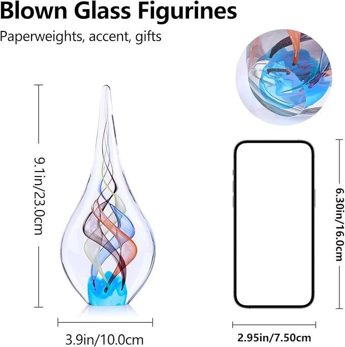 9" Tall Sculpture Hand Blown Glass Decor, Paperweight for Office Desk, Modern Glass Art Figurines Mediterranean Beach House Decor, Living Room Coffee Shelves Table Top Decoration (Colorful)