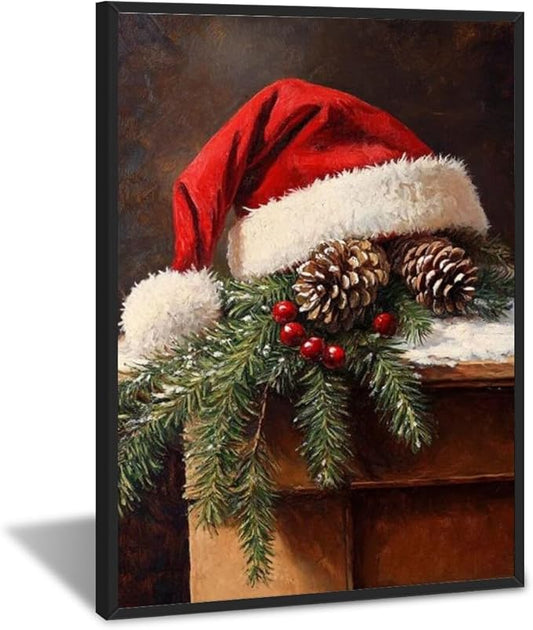 Vintage christmas wall art santa hat painting pine cone winter cottagecore canvas poster for christmas home decor bedroom living room black framed20x30inch