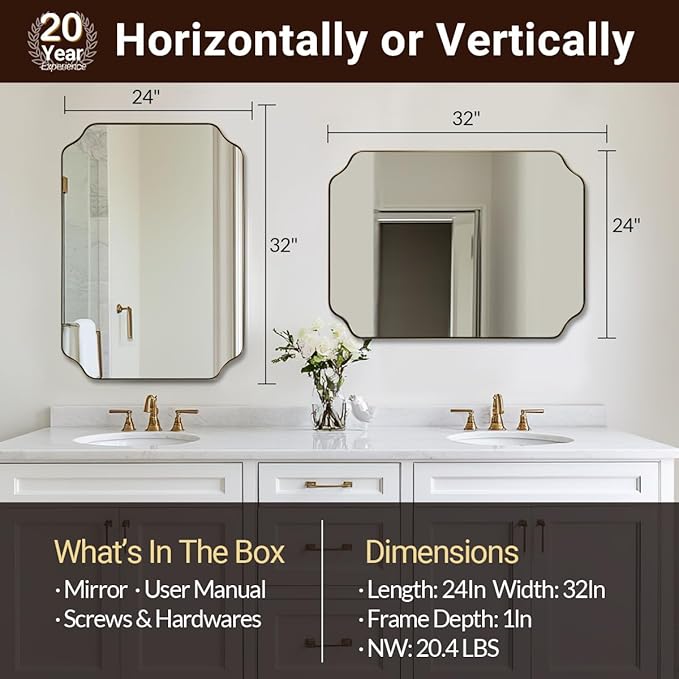 ANDY STAR Brushed Gold Mirror, 24"x32" Bathroom Vanity Mirror, Unique Rectangular Bathroom Mirror with Stainless Steel Metal Framed, Wall Mounted Decorative Mirror (Horizontal/Vertical)