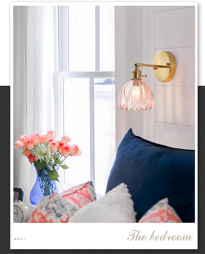 Plug in and Hardwired Wall Sconces, Luxury Vintage Tulip Crystal Glass Shade Wall Light with Switch for Bedside Bedroom Living Room (Tulip-Pink, 2)