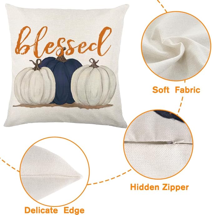 Fall Pillow Covers 20 x 20 Inch Blue Pumpkins Throw Pillow Covers for Farmhouse Autumn Cushion Covers Thanksgiving Pillow Case for Indoor Home Bedroom Sofa Decor