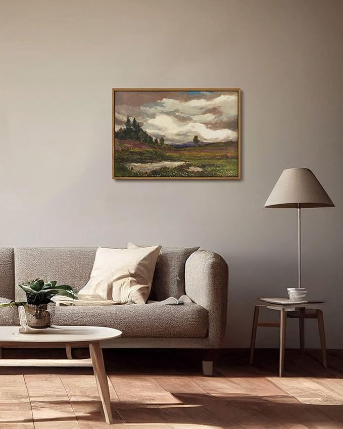 KISSFOX Vintage Landscape Canvas Wall Art Farmhouse Hills Pond Clouds Framed Wall Art Natural Countryside Paintings Artwork Rustic Art Prints For Bedroom Bathroom Living Room