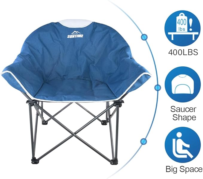 OUTDOOR LIVING SUNTIME Oversized Padded Camping Chair,Portable Comfy Outdoor Folding Moon Round Saucer Chairs for Adults with Holder and Carry Bag, Perfect for Hiking Lawn Patio Sports(Blue 2 Pack)