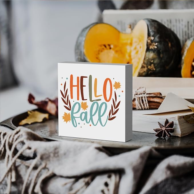 Fall Wooden Box Sign, 5.1 X 5.1 Inch Autumn Maple Wood Sign for Tiered Tray Decor, Home Living Room Harvest Day Thanksgiving Tabletop Decor - Hello Fall