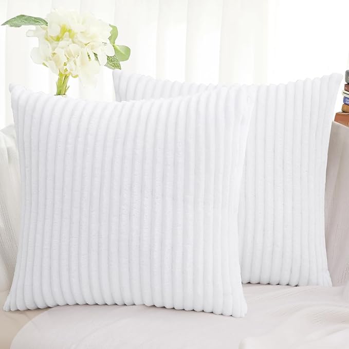 Simmore Decorative Fall Throw Pillow Covers 22x22 Set of 2, Soft Natural Plush Flannel Double-Sided Fluffy Couch Pillow Covers for Sofa Living Room, White