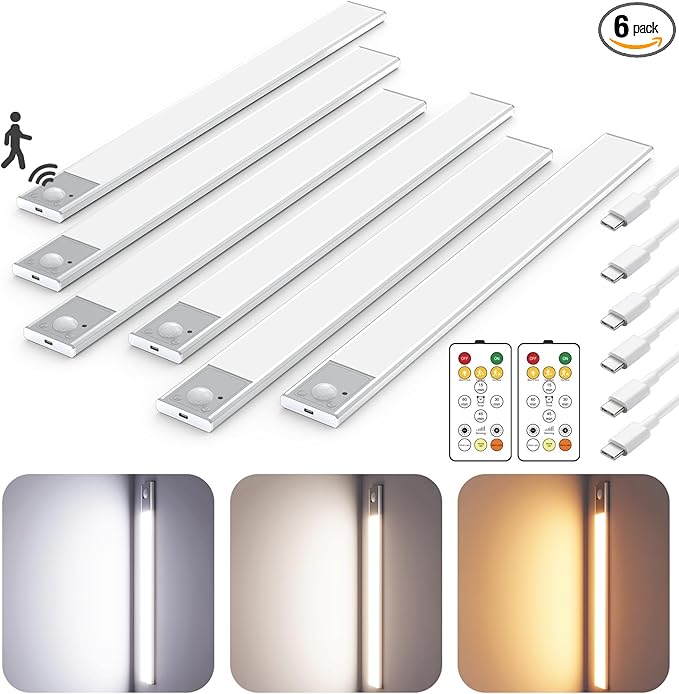16" Ultra-Thin Under Cabinet Lighting Wireless, Aluminum Alloy Under Counter Lights for Kitchen, 3-Color-Temps Magnetic Closet Lights, Rechargeable Motion Sensor Light Indoor (6 Pack, Silver)