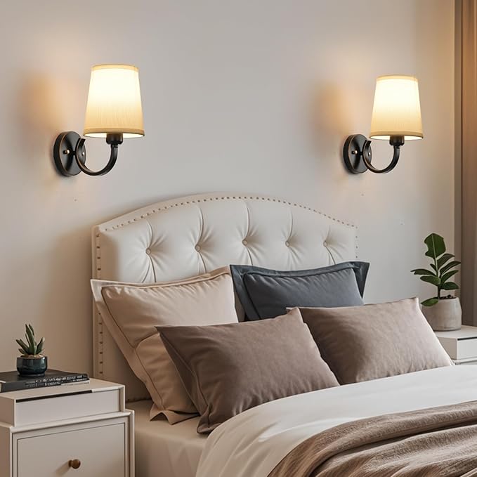 Wall Sconces Set of 2, Modern Wall Lamps for Bedroom, Sconces Wall Light Fixture with Beige Fabric Shade, Indoor Wall Mounted Lamps for Living Room Hallway Kitchen, Black Finish