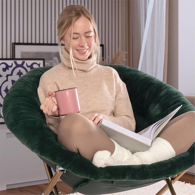 Milliard Saucer Chair For Adults, Teens & Kids, Green, Faux Fur XL Circle Chair for Bedroom, Dorm & Gaming, Foldable Comfy Accent Seat for Small Spaces, Folding Moon / Mushroom / Round Oversized Style