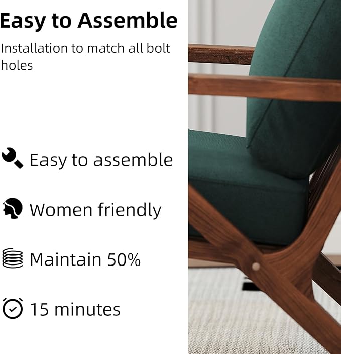 INZOY Mid-Century Modern Accent Chair with Wood Frame, Fabric Living Room Chair and Soft Thick Padded Armchair for Living Room Bedroom Reception with Removable Upholstered Cushions, Dark Green