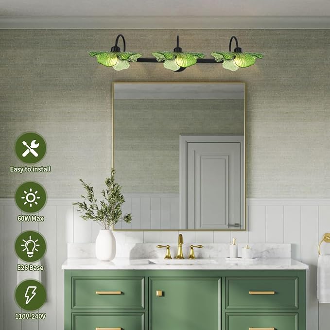 Bathroom Vanity Lights Over Mirror, 3 Light Mirror black Wall sconces with Green Glass Shade Bathroom Sconce Vintage Wall Lighting Fixture mid Century Wall Sconce Light for Bedside Bedroom Doorway
