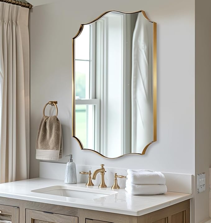 ANDY STAR Bathroom Vanity Mirror, 24x36 Irregular Wall Mirror, Gold Antique Mirror for Bathroom, Asymmetrical Mirror in Anti-Rust Stainless Steel Metal Frame, Wall Mount Horizontal or Vertical