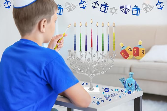 The Dreidel Company Dripless Hanukkah Candles, Multicolored Striped Deluxe Tapered Decorations, Chanukkah Menorah Candles for All 8 Nights of Chanukah (Pack of 5)