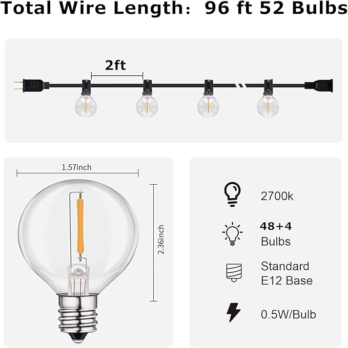 HISTAR 96FT LED Outdoor String Lights With Remote - Waterproof G40 Globe Lights, 52 Dimmable Shatterproof Bulbs for Patio, Backyard, Balcony, Bistro, Cafe Decorative Lighting