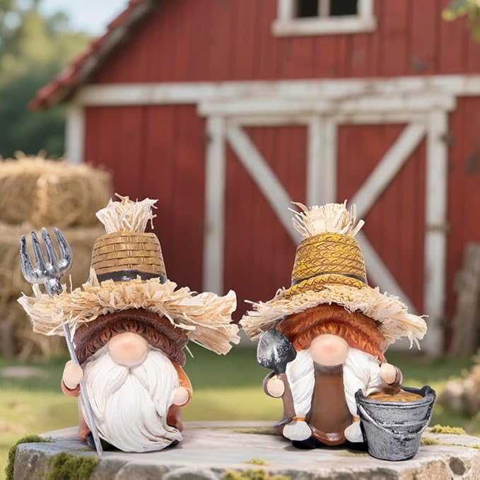 Hodao Fall Scarecrow Farm Gnomes - Couple Figurines with Straw Hats & Farm Tools, Rustic Indoor Outdoor Decor for Home, Porch, Thanksgiving & Harvest Gifts(Orange)