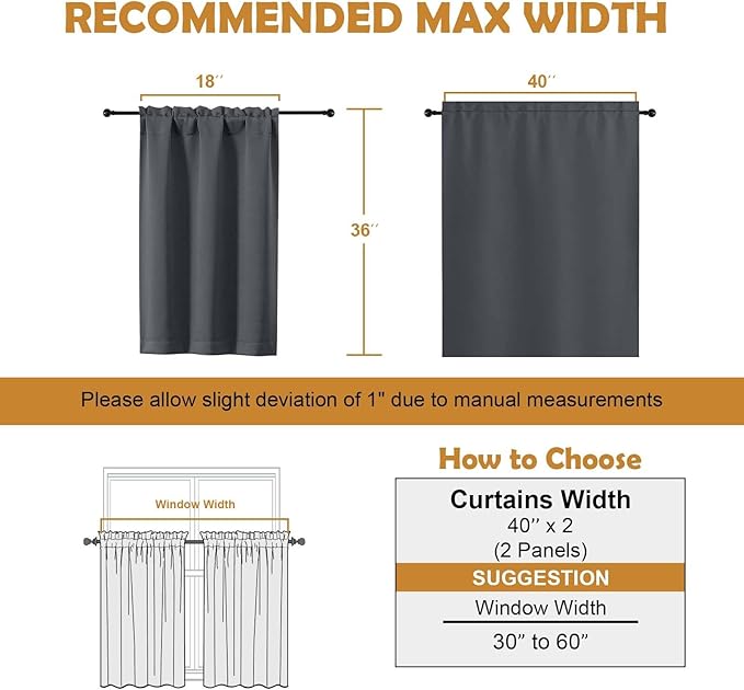 Aiyufeng Grey Short 36 Inches Blackout Curtain 2 Panels Set, Half Window Rod Pocket Privacy Tiers for Kitchen, Curtains Blackout for Bathroom Shades, W40 x L36 Inch, Grey