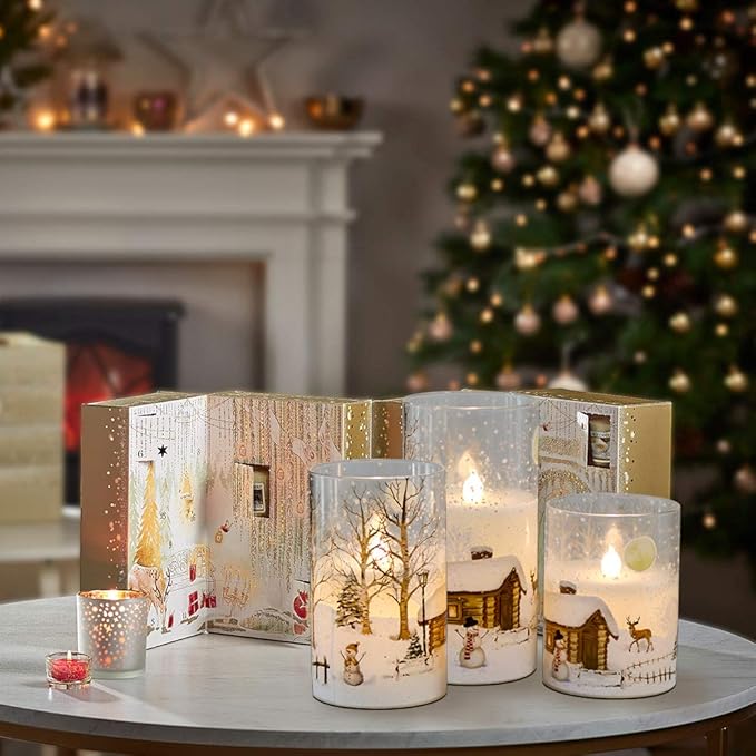 DRomance Snowman Glass Flameless Candles Battery Operated with Remote and Timer Real Wax LED Flickering Pillar Candles White Cold Light Window Christmas Holiday Decor D3 x 4",5",6"